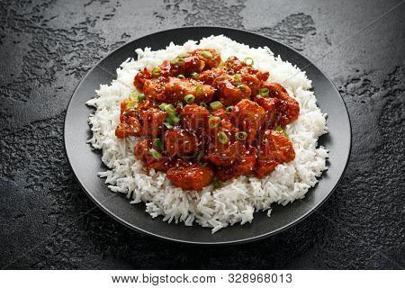 Tsos Chicken With Rice, Green Onion And Broccoli