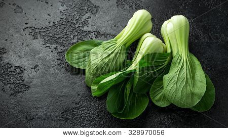 Pak Choi Chinese Cabbage On Rustic Black Background