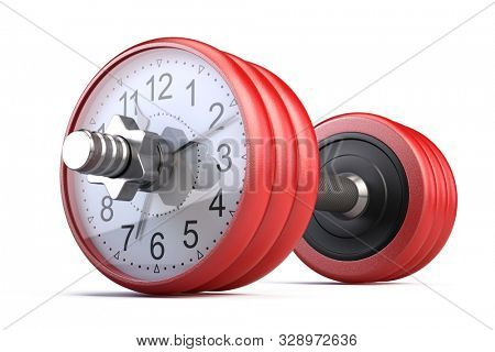 Red gym dumpbell with clock isolated on white - Time for gym concept. 3d rendering