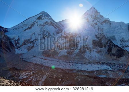 Morning Sun Above Mount Everest, Lhotse And Nuptse From Pumo Ri Base Camp - Way To Everest Base Camp