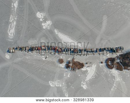 Fishing Houses On A Frozen Lake At Bokod, Hungary