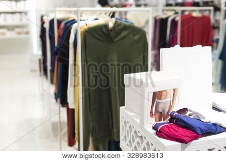 Counter With A Package Of Mens Underwear, In A Store Of Womens Underwear