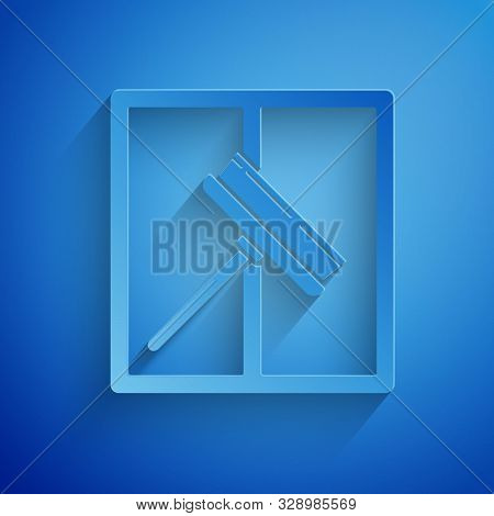 Paper Cut Cleaning Service With Of Rubber Cleaner For Windows Icon Isolated On Blue Background. Sque