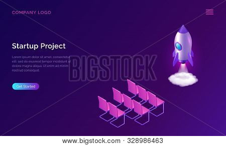 Business Start Up Presentation Isometric Concept Vector Illustration. Rocket Taking Off With Fire An