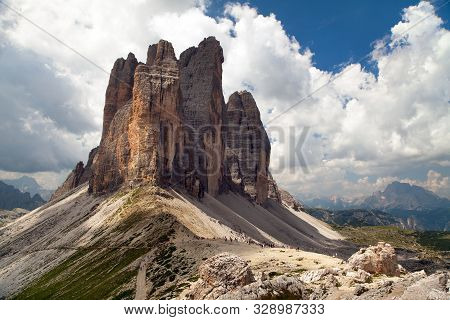 View Of Drei Zinnen Or Tre Cime Di Lavaredo With Beautiful Cloud On Sky, Sextener Dolomiten Or Dolom