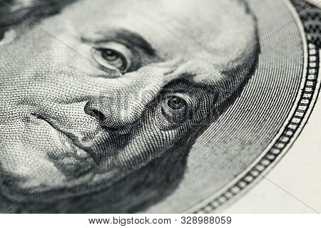 A Close View Of Boring Portrait Of Ben Franklin Of Old One Hundred Us Dollars Banknote