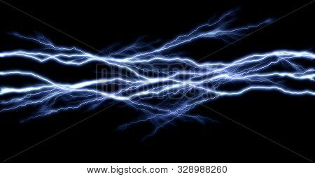 Tunder Lightning Bolts Isolated On Black Background, Illustration Of Electric Concept
