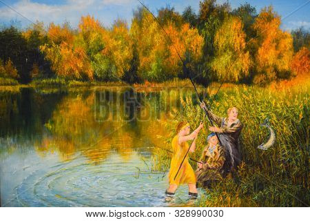 Family Fishing On The Pond, Painting On Canvas
