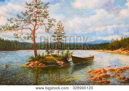 Boat On The River, Autumn Landscape, Paint On Canvas