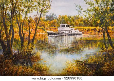 Boat On The River, Autumn Landscape, Paint On Canvas