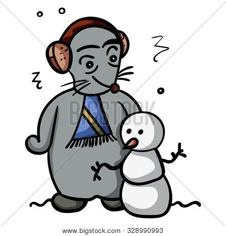 A Mouse Or Rat Sculpts A Snowman. Winter Holiday Illustration 2020. - Vector. Vector Illustration