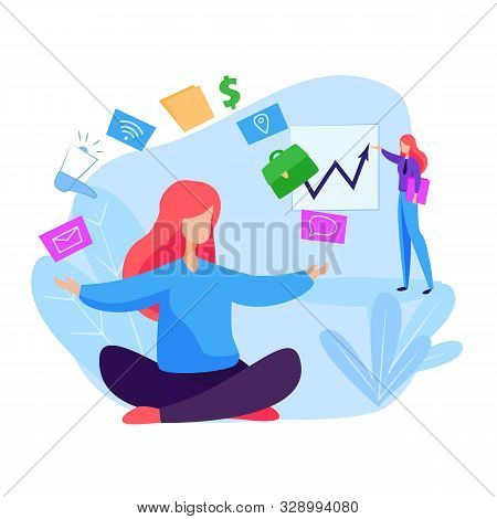 Businesswoman Thinking Over Presentation Webpage. Meditation, Juggling Staff, Presenting Chart. Busi