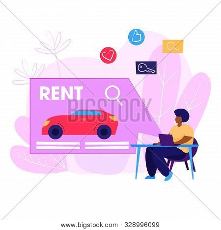 Car Rental Webpage. Woman Using Computer, Choosing Vehicle, Giving Feedback. Service Concept. Vector