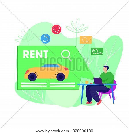 Car Rental Illustration. Man Using Computer, Choosing Vehicle, Giving Feedback. Service Concept. Vec