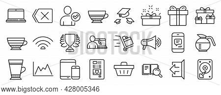 Set Of Line Icons, Such As Latte, Wifi, Surprise Boxes Icons. Diagram, Present Box, Remove Signs. Hd