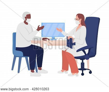 Patient Consulting With Doctor Semi Flat Color Vector Characters. Full Body People On White. Medical