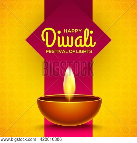 Happy Diwali Design With Diya Oil Lamp Elements On Red And Yellow Rangoli Background, Bokeh Sparklin