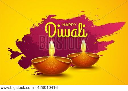 Happy Diwali Design With Diya Oil Lamp Elements On Pink Abstract Background, Bokeh Sparkling Effect