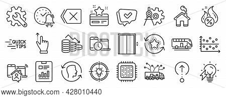 Set Of Technology Icons, Such As Loyalty Card, Cogwheel Dividers, Education Icons. Electricity Bulb,