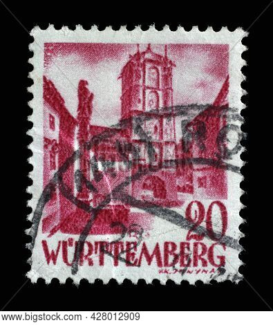 ZAGREB, CROATIA - JUNE 22, 2014: Stamp printed in Germany, French Occupation of Wurttemberg shows City Gate from Wangen, circa 1948
