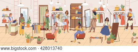 Shopping Woman In Cloth Store, Footwear And Accessories Flat Cartoon Illustration. Vector Clothing S