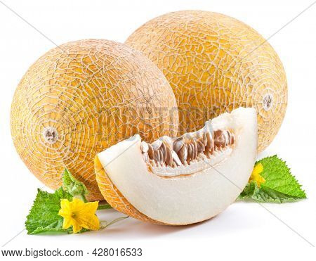 Ripe yellow melon with slices and melon leaves isolated on white background.