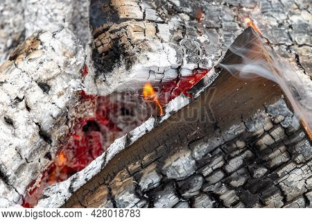 Closeup Of Burning Wood And Ash In Details