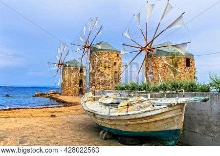 Traditional Greece series - old windmills of Chios island. Eastern Aegean Sporades