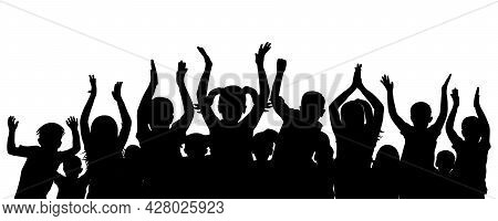 Happy First Graders, Silhouette Of Crowd Of Children. Applauding School Children. Vector Illustratio