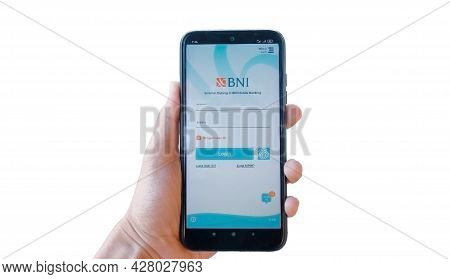 Kendal, Indonesia - 25 July 2021: Bni Mobile Banking. App Bni Mobile Banking In Screen Smartphone