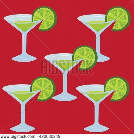 Glass Of Martini With A Slice Of Lime On A Red Background. Seamless Pattern. Vector Stock Illustrati
