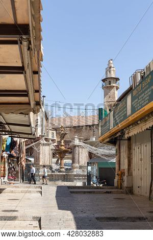 Jerusalem, Israel, July 17, 2021 : Empty Street Al Souq With Shops And Restaurants Closed Due To Cor