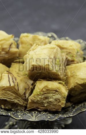 Tasty Sweet Baklava. Turkish Ramadan Dessert Baklava On A Decorative Plate. Baklava With Nuts And Ho