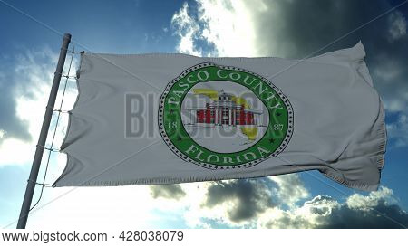 Pasco Flag, County Of The State Of Florida, United States Of America Waving At Wind In Blue Sky. 3d 