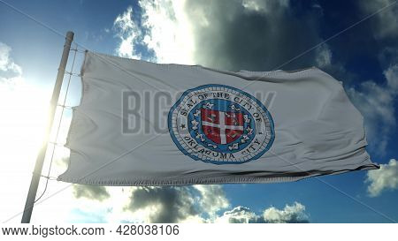 Flag Of Oklahoma, City Of United States Of America, Waving At Wind In Blue Sky. 3d Rendering
