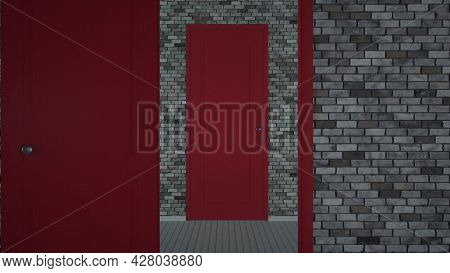 Endlessly Opening Red Doors. Never Ending Opening Of Red Doors. 3d Rendering