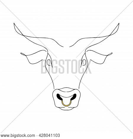 Vector Illustration Of A Bull's Head. Bull Strength Logo. Silhouette Of Cattle. Calf. Continuous Lin