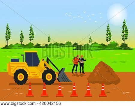 The Tractor Is Grading To Make The Road. Two  Construction Supervisor Are Working On The Road. With 