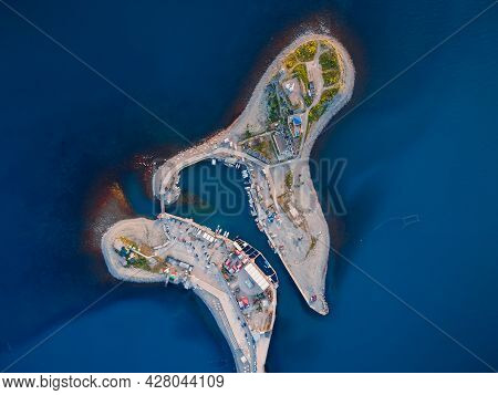 Aerial View Of Coastline With Sea, Island And Lighthouse In Utrish, Anapa