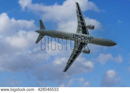 Zhukovsky, Moscow Region, Russia-july 23, 2021: A New Russian Civil Airliner Ms-21-300 With Pd-14 En