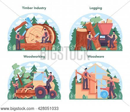 Timber Industry And Wood Production Concept Set. Logging