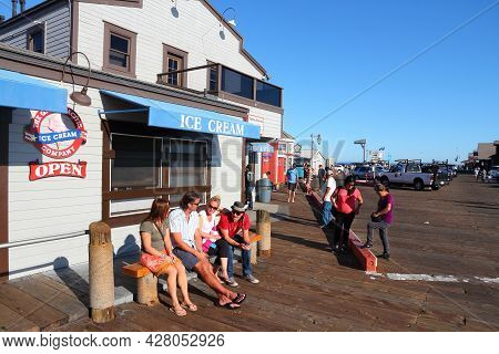 Santa Barbara, United States - April 6, 2014: People Visit Stearns Wharf In Santa Barbara, Californi