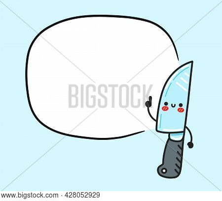 Cute Funny Kitchen Chef Knife Character With Text Box. Vector Flat Cartoon Kawaii Character Illustra