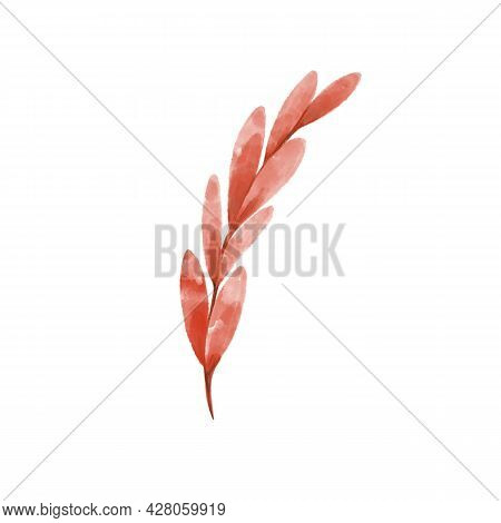 Red Watercolor Autumn Branch With Oblong Leaves.