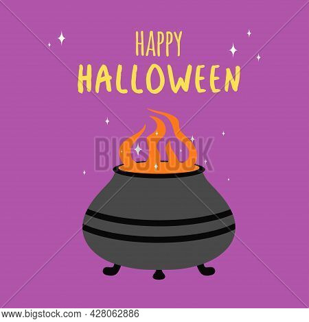 Halloween Illustration With Pot Of Boiling Potions, Flat Design, Greeting Card, Vector Illustration 