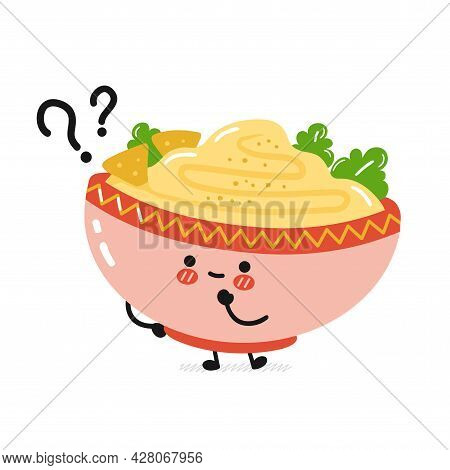 Cute Funny Traditional Hummus Bowl Character With Question. Vector Flat Cartoon Kawaii Character Ill