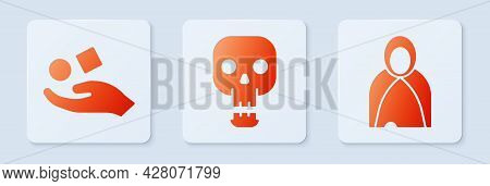 Set Skull, Cube Levitating Above Hand And Mantle, Cloak, Cape. White Square Button. Vector