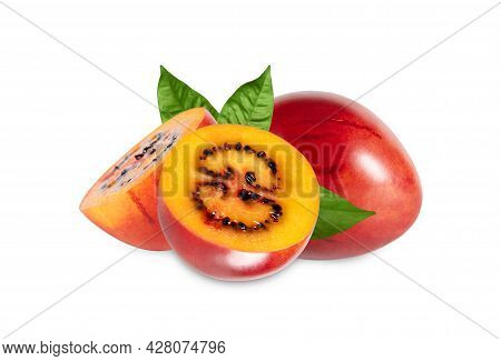 Sliced Tamarillo Isolated On A White Background. Tamarillo With Leaves Closeup. Juicy Healthy Fruit.