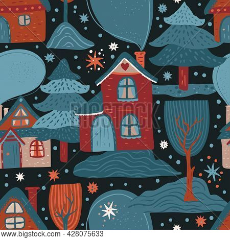 Nordic Forest House Seamless Vector Pattern. Hand Drawn Scandinavian Cartoon Woodland Town Illustrat