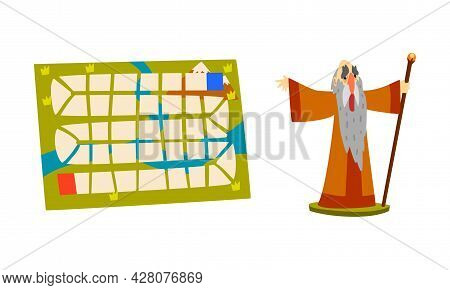Fantasy Magic Board Game User Interface Set, Map And Old Wizard With Magic Staff Cartoon Vector Illu